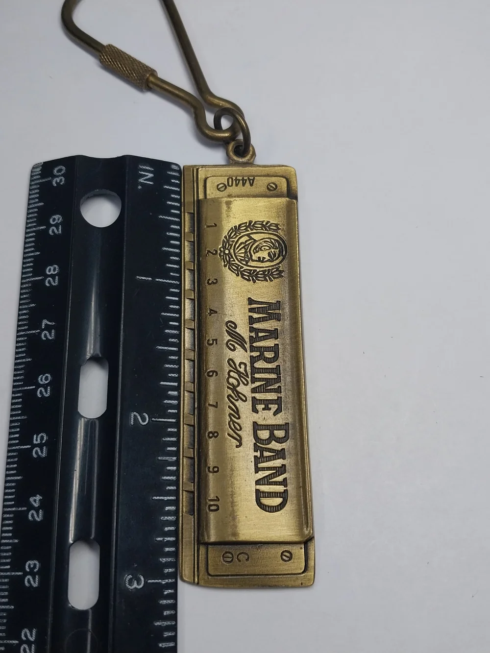 Vintage 1986 Brass M. Hohner Marine Band Harmonica Collectible Keychain USA
